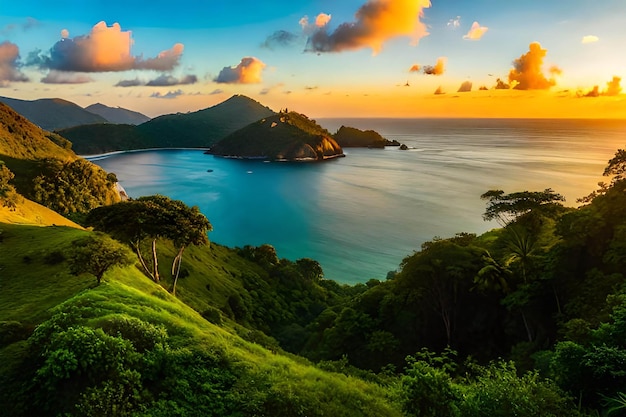 Une île tropicale avec vue sur l'océan et le soleil couchant