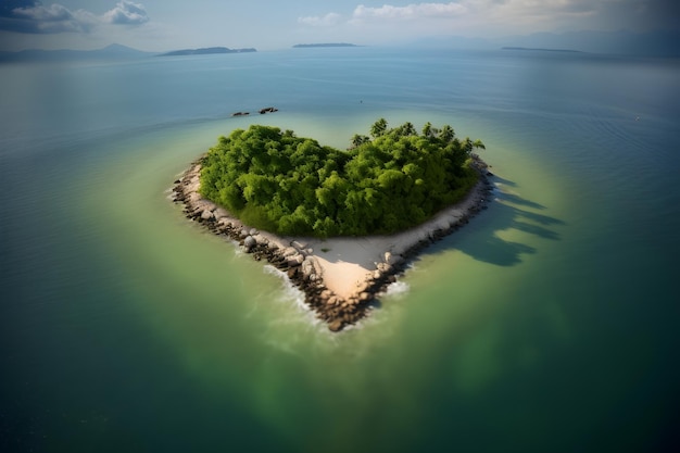 Une île verte dans l'océan en forme de cœur.