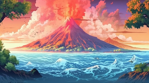 Une île volcanique avec de la lave s'écoulant dans l'océan Concept fantastique Peinture d'illustration