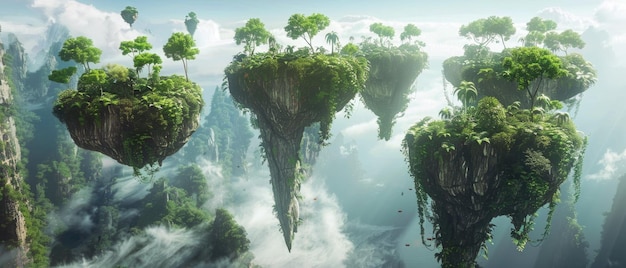 Des îles tropicales volantes vue panoramique surréaliste paysage de montagne brumeux avec la terre flottant dans le ciel Concept de monde de fées fantastique brouillard de planète verte