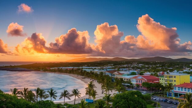 Les îles Vierges de Saint-Thomas au lever du soleil avec des bâtiments de nuages colorés et une côte de plage