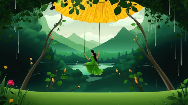 Illsuatrtion du festival indien hariyali teej signifie teej vert femme profiter du festival avec balançoire dans la mousson sur une belle toile de fond de paysage