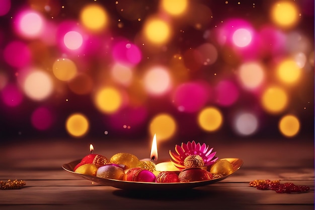 Illuminant Navratri et Diwali avec des Diya florales vibrantes et des lumières pour une célébration festive