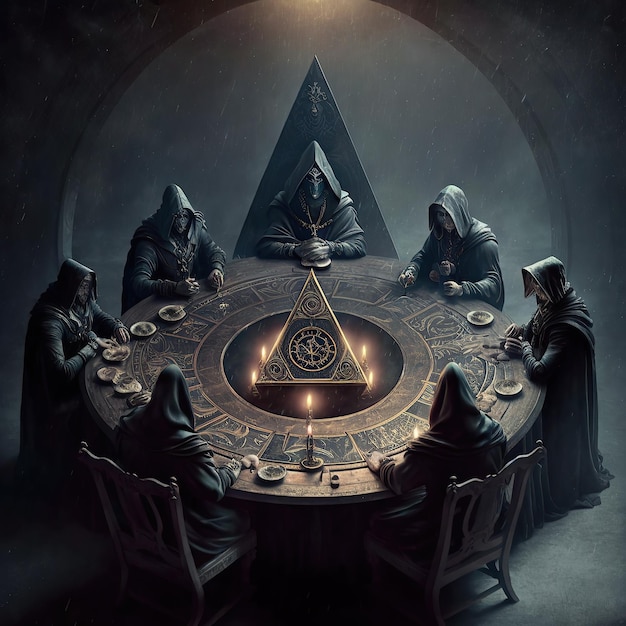 Illuminati Secret Society sur une table ronde faisant des mouvements pour le monde des capes noires Dungeon Generative AI