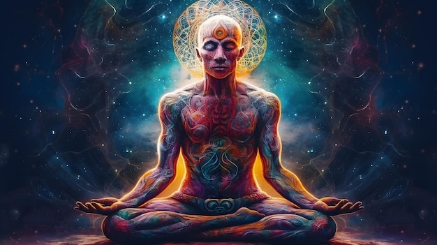 Illumination cosmique Art de la psychtrance complexe d'un homme en position du lotus trébuchant sur DMT dans le style Alex Gray