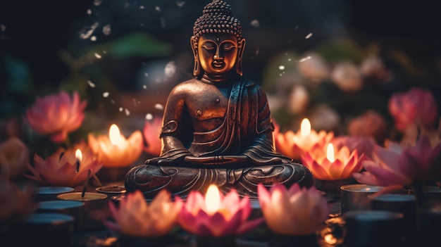 Illumination dans l'ombre Une statue de Bouddha au milieu de lotus et de bougies générée par l'IA