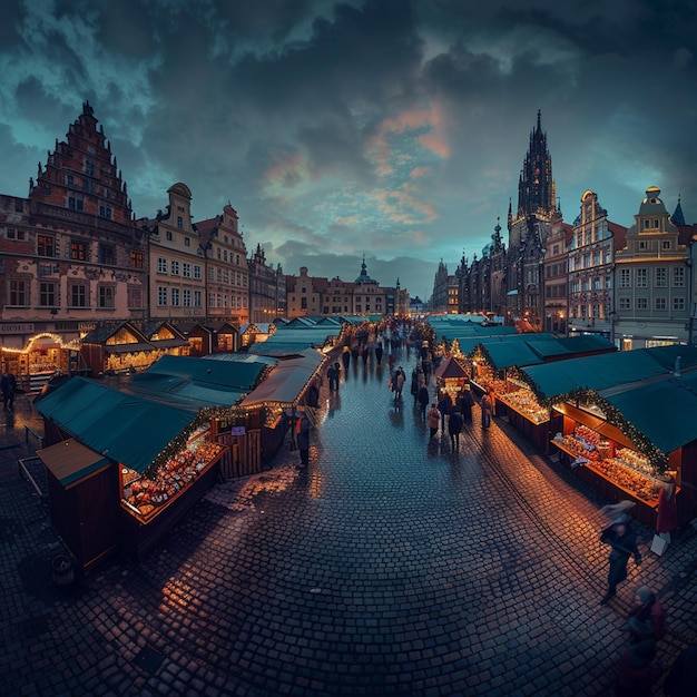 Photo illumination festive nocturne au marché de noël de wroclaw