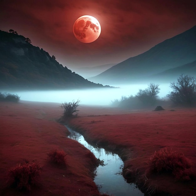 Photo illuminé par une lune de sang rouge foncé généré par l'ia