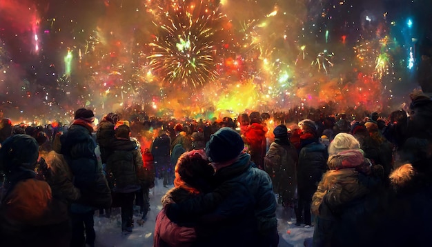 Illustation de personnes bondées sur le sol à la recherche d'un festival de feux d'artifice