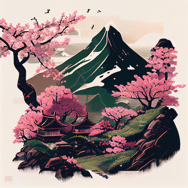 Illustrant le printemps au Japon sakura fleur de cerisier nichée dans un paysage de montagne Arbre en fleurs et sommets enneigés au printemps