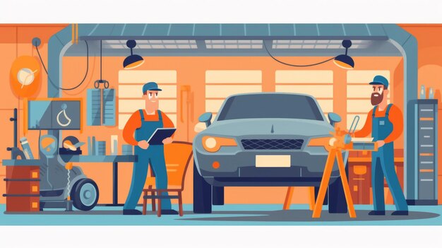 L'illustrateur vectoriel Le technicien automobile se tient dans un atelier bien équipé rempli d'outils