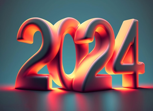 Illustration 2024 avec typographie 3D et feux d'artifice sur fond noir