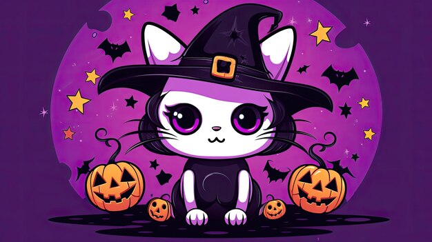 Photo illustration 2d d'un chat mignon portant des chapeaux de sorcière pour le jour d'halloween