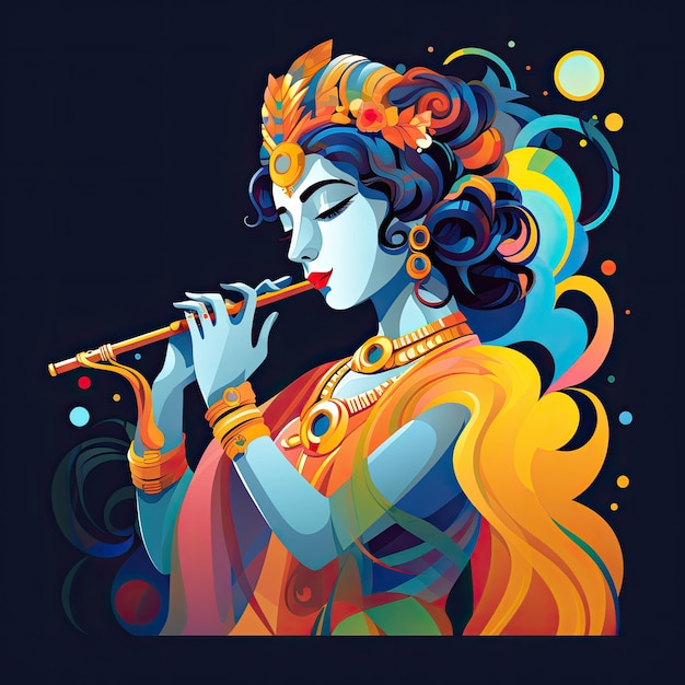 Illustration 2D colorée du Seigneur Krishna jouant de la flûte pour le fond de Krishna Janmashtami