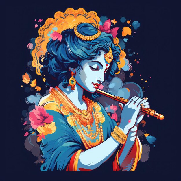 Illustration 2D colorée du Seigneur Krishna jouant de la flûte pour le fond de Krishna Janmashtami