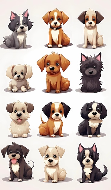 Illustration 2D de différents chiens mignons sur un fond blanc