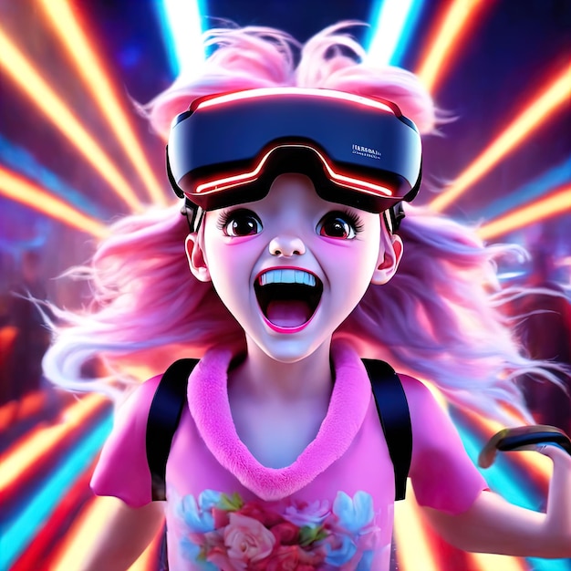 illustration 3 d d'une fille avec des lunettes vr dans des néons une fille dans un casque de réalité virtuelle concep