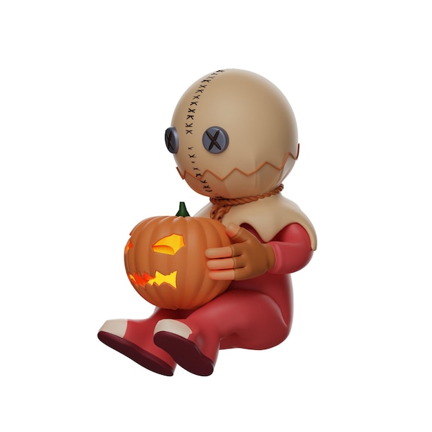 Illustration 3D 3D Trick 'r Treat un personnage de dessin animé assis tenant une citrouille d'Halloween assis