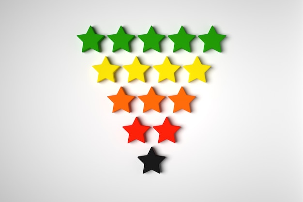 Illustration 3D 5 étoiles multicolores se dresse en rangées, diminuant progressivement en nombre.