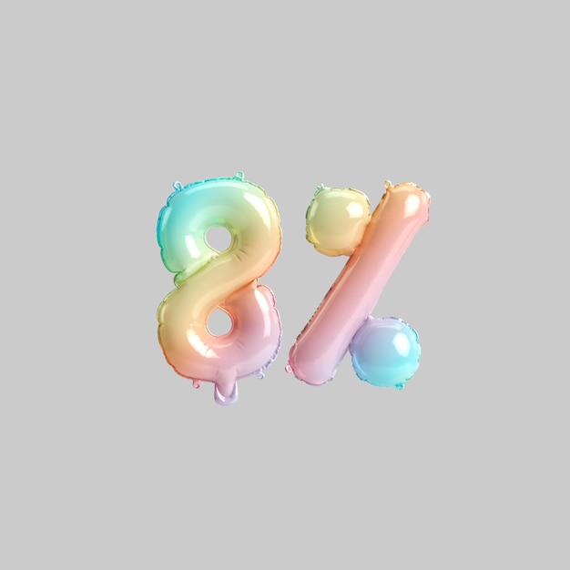 Illustration 3d de 8 % de ballons arc-en-ciel pour les ventes des magasins pour enfants isolés sur fond gris