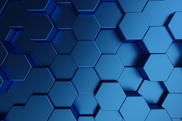 Illustration 3D abstraite bleu foncé du motif hexagonal de surface futuriste. Fond abstrait hexagonal géométrique bleu.