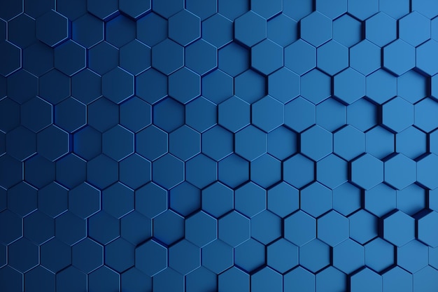 Illustration 3D abstraite bleu foncé du motif hexagonal de surface futuriste. Fond abstrait hexagonal géométrique bleu.