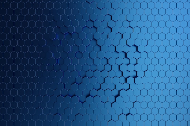 Illustration 3D abstraite bleu foncé du motif hexagonal de surface futuriste. Fond abstrait hexagonal géométrique bleu.