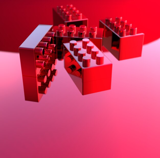 Illustration 3d abstraite de cinq blocs de construction rouges brillants sur une surface rouge brillante en perspective