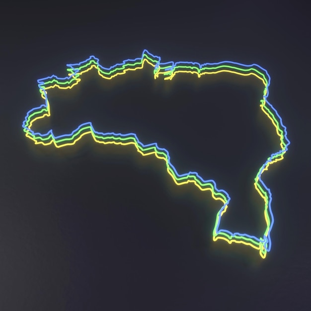 illustration 3d abstraite du contour de la carte du brésil en tubes néon verts jaunes et bleus sur fond noir texturé