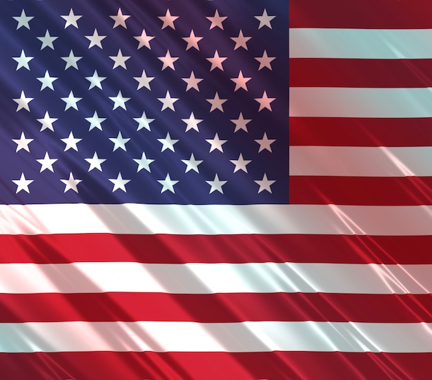 Illustration 3d abstraite du drapeau des États-Unis d'Amérique du Nord sur un tissu brillant avec du rouge