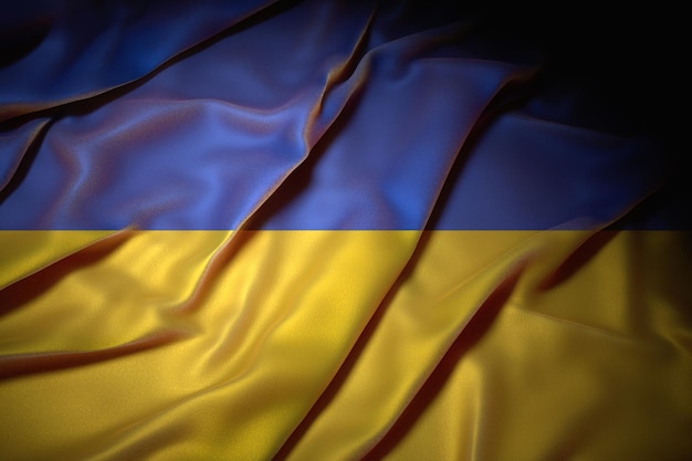 illustration 3d abstraite du drapeau de l'ukraine sur un tissu ondulé dans un environnement sombre