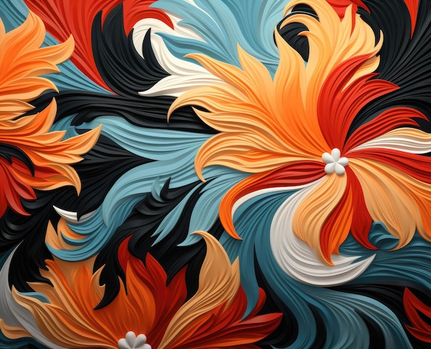 Illustration 3D abstraite d'un motif de feuilles et de pétales de fleurs épanouies orange vif et bleu