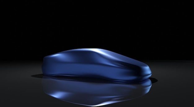 Illustration 3d abstraite d'une petite voiture bleue brillante aérodynamique sur une surface réfléchissante noire