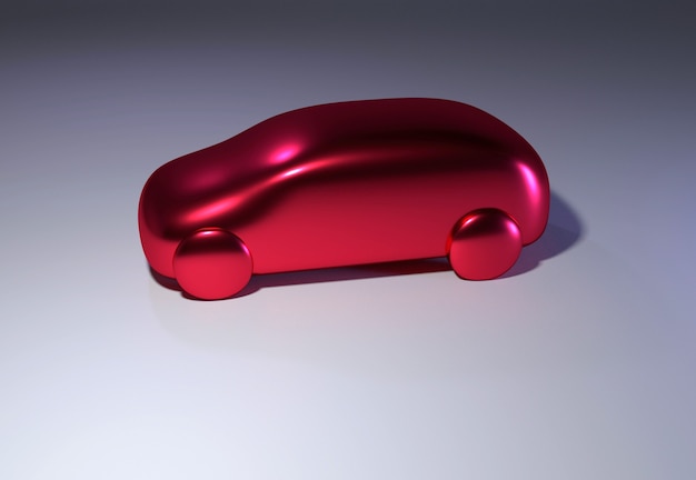 Illustration 3d abstraite d'une petite voiture rouge brillante sur une surface blanche sombre