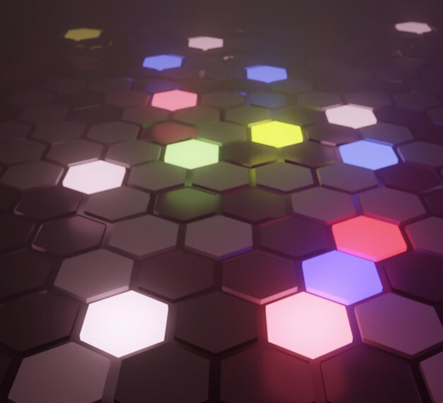 illustration 3d abstraite de la surface des hexagones colorés illuminés entre les hexagones noirs et blancs dans