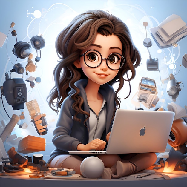 Illustration 3D d'une adolescente avec un ordinateur portable et des livres