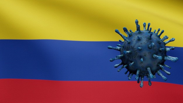 Illustration 3D Agitant le drapeau colombien et concept nCov du Coronavirus 2019. Éclosion asiatique en Colombie, grippe à coronavirus en tant que cas dangereux de souche de grippe en tant que pandémie. Microscope virus Covid19