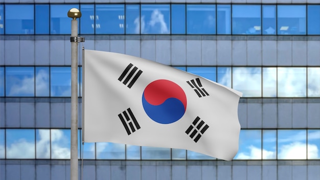 Illustration 3D agitant le drapeau coréen dans une ville moderne de gratte-ciel. Belle grande tour avec la bannière de la Corée du Sud soufflant de la soie douce. Fond d'enseigne de texture de tissu de tissu. Concept de pays de la fête nationale