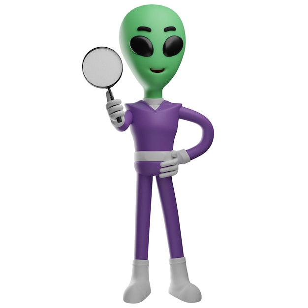 Illustration 3D Alien Cartoon 3D tenant une loupe avec une position du corps légèrement inclinée