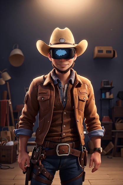 Illustration 3D amusante d'un cowboy avec un casque VR