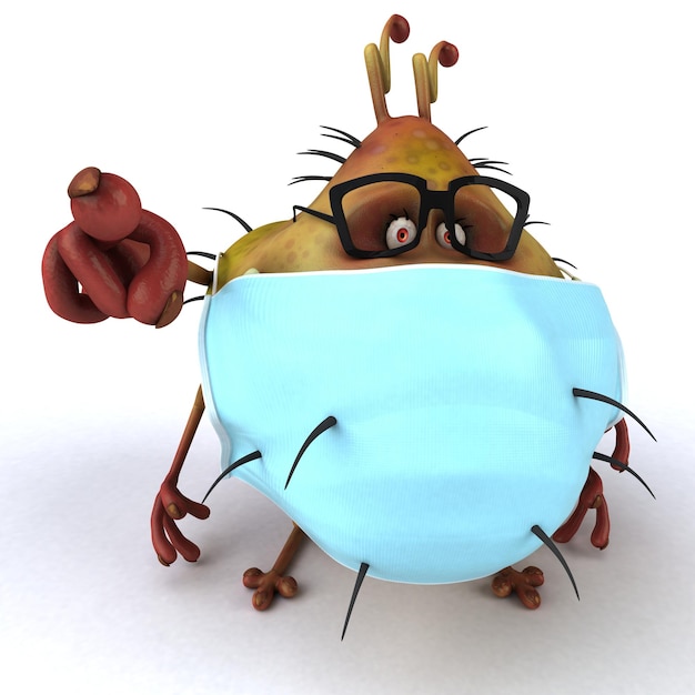 Photo illustration 3d amusante d'un microbe de dessin animé avec un masque