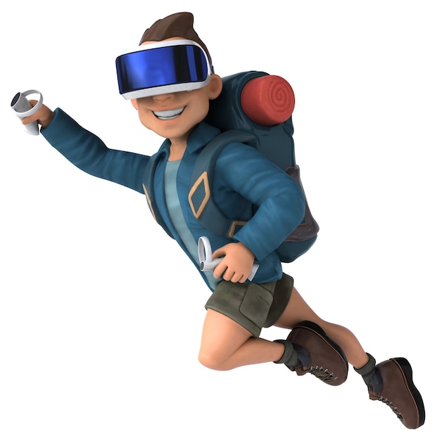 Illustration 3D amusante d'un routard avec un casque VR