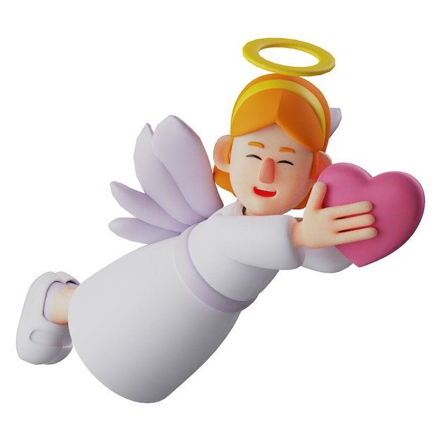 Illustration 3D Ange de dessin animé romantique 3D avec un cœur violet avec une pose de vol utilisant des ailes blanches