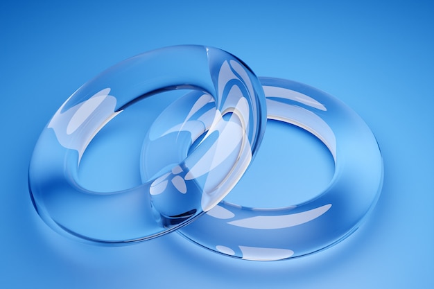 Illustration 3D des anneaux de mariage transparents sur fond bleu. Formes géométriques en forme d'anneau dans le symbole de l'infini. Symbole d'amour et de fidélité, union des amoureux