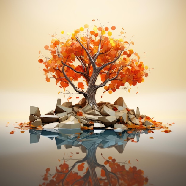 Illustration 3D d'un arbre d'automne sur un rocher