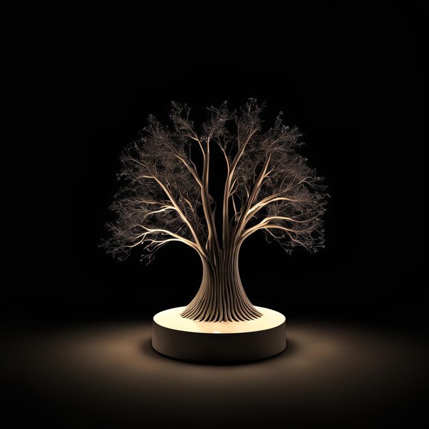 Illustration 3D d'un arbre sur fond noir avec piédestal vide sur fond noir 3