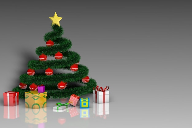 Illustration 3D d'un arbre de Noël avec des cadeaux sur fond noir.