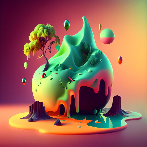 Photo illustration 3d d'un arbre vert sous forme de volcan