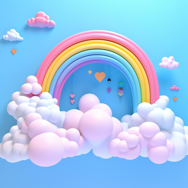 Illustration 3D arc-en-ciel et nuages sur fond de ciel dans le style minimaliste de jeremiah ketner