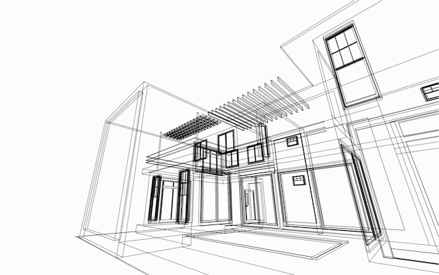 Illustration 3d architecturale de croquis de bâtiment, lignes de perspective de bâtiment d'architecture